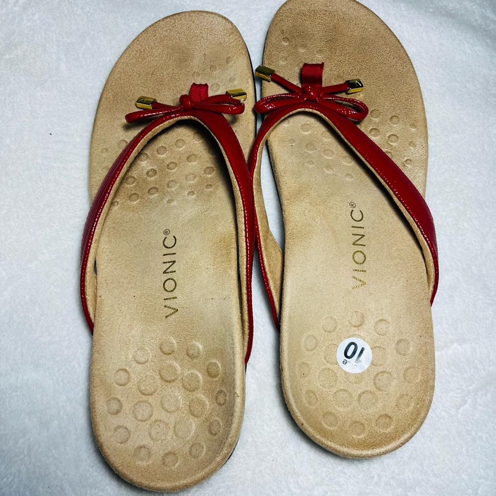 Vionic Red and‎ Tan Sandals with Ribbon Straps - Picture 2 of 5
